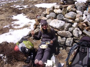 Eating dal-bhat after descending Mera Peak
