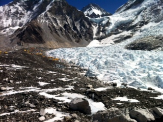 View of Khumbu ice fall, Nuptse, Western shoulder of Everest and black summit of Everest